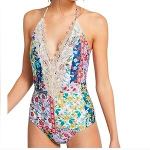 ANTHROPOLOGIE Allihop Lace-Front Floral Boho Patchwork One-Piece Swimsuit